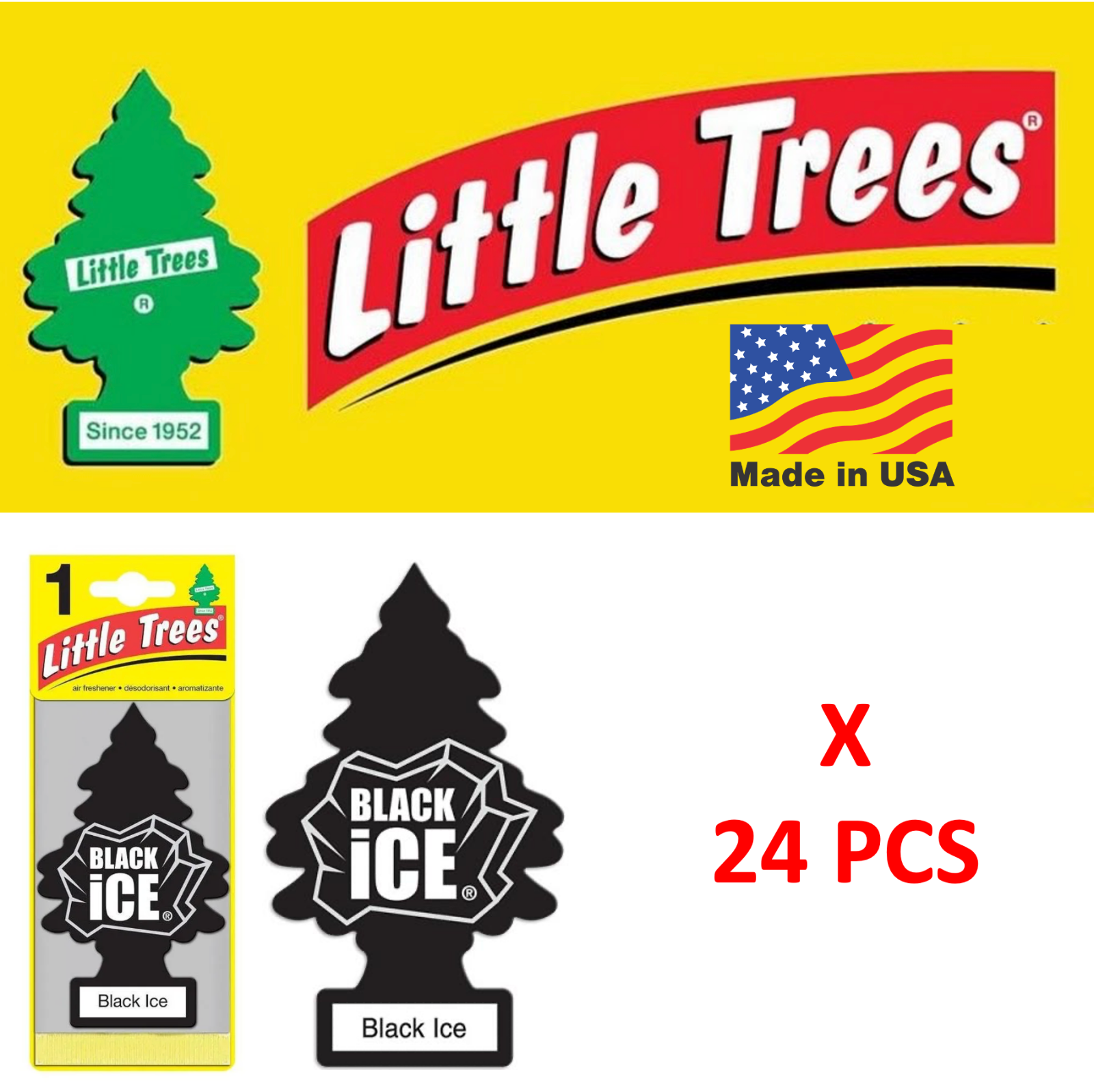 Black Ice Freshener Little Trees 10155  Air Little Tree MADE IN USA Pack of 24 Little Trees U1P-10155