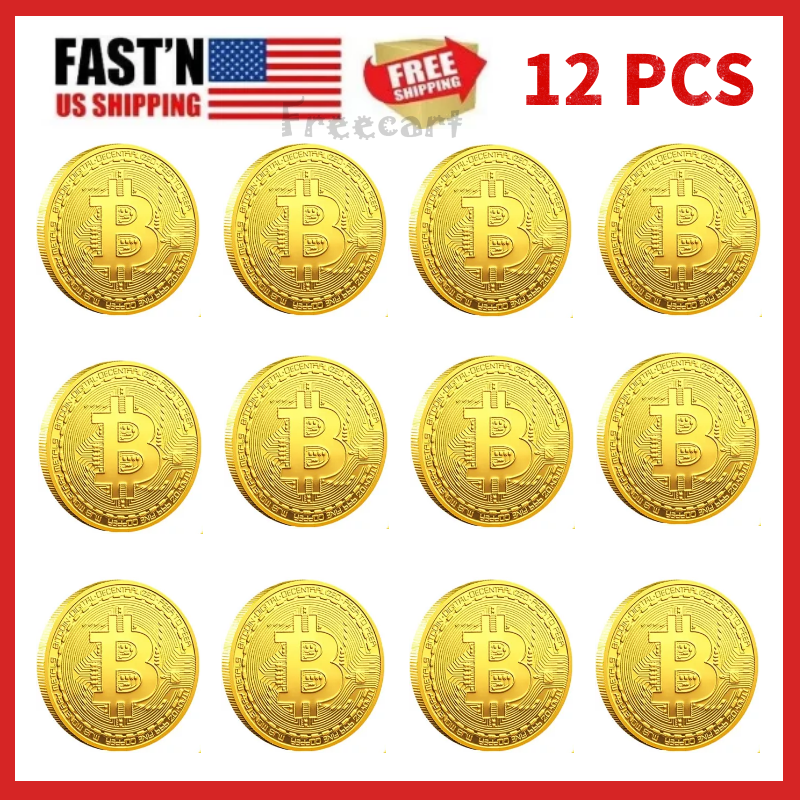 12Pcs Physical Bitcoin Coins Commemorative Gold Plated Bit Coin Collectible US Без бренда