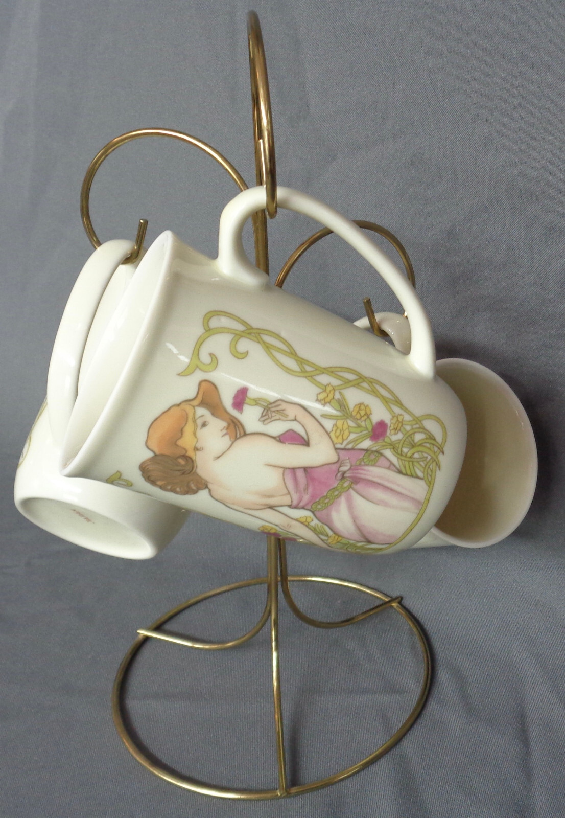 Set of 3 Vintage Cup Mugs Art Nouveau Mucha Style Japan + Brass PL. Cup Holder Unbranded - фотография #2