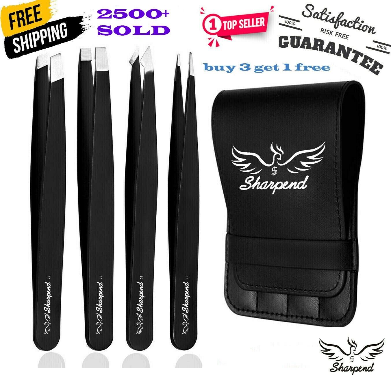 SHARPEND Tweezers Set 4-Piece Professional Stainless Eyebrow Hair Pluckers +Case SHARPEND DOES NOT APPLY