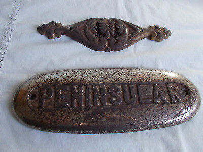 Vintage PENINSULAR NAME PLATE EMBLEM lot of 2 chrome rusty 9.5x3.5" & 8.5x2.75" Peninsular Peninsular