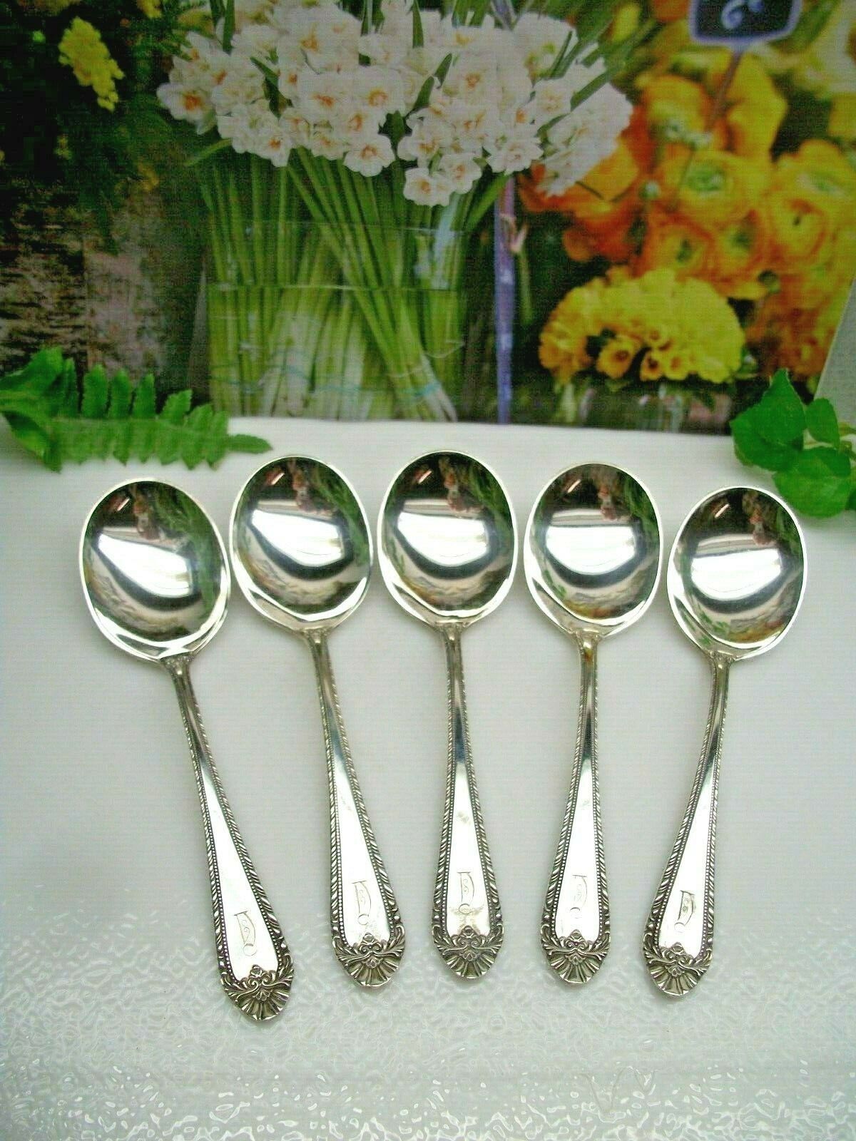 5  Reed & Barton  OLD LONDON   Silverplate  Round Cream Soup Spoons 1936   Mono Reed & Barton Silver