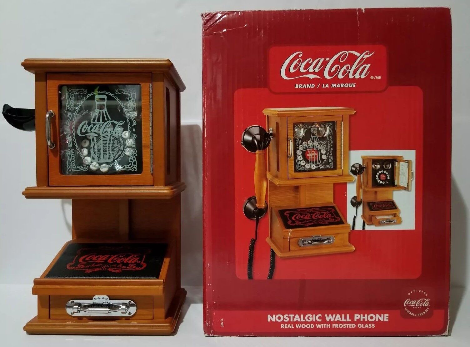 NEW RARE COCA-COLA NOSTALGIC Wall phone real wood frosted glass Hanging Retro Coca-Cola