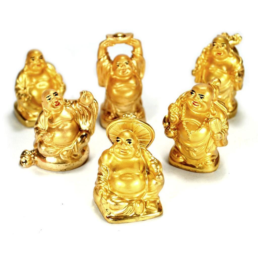 SET OF 6 GOLDEN HAPPY BUDDHA STATUES 2" Gold Color Hotei Fat Laughing Resin Lot Без бренда