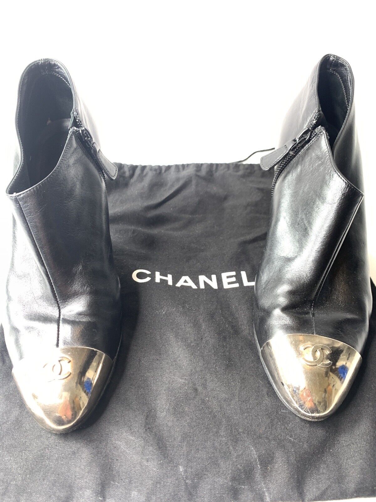 CHANEL  Black Leather Bootie 3" Heel | CC Metal Silver Tone Plate at Toe | 38 CHANEL