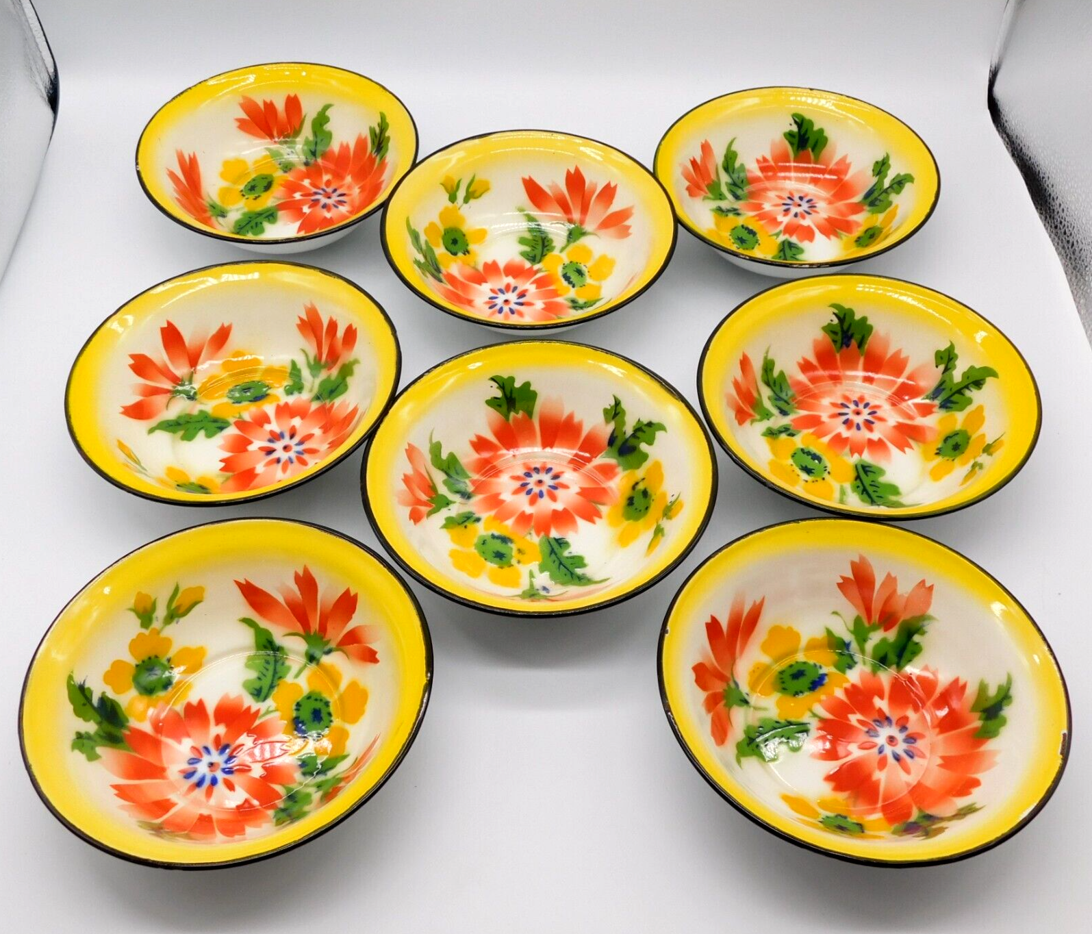 VTG 14 pc Metal Rossini Enamel Ware Floral Set 2 plates 8 bowls 4 cups Hong Kong Rossini - фотография #6