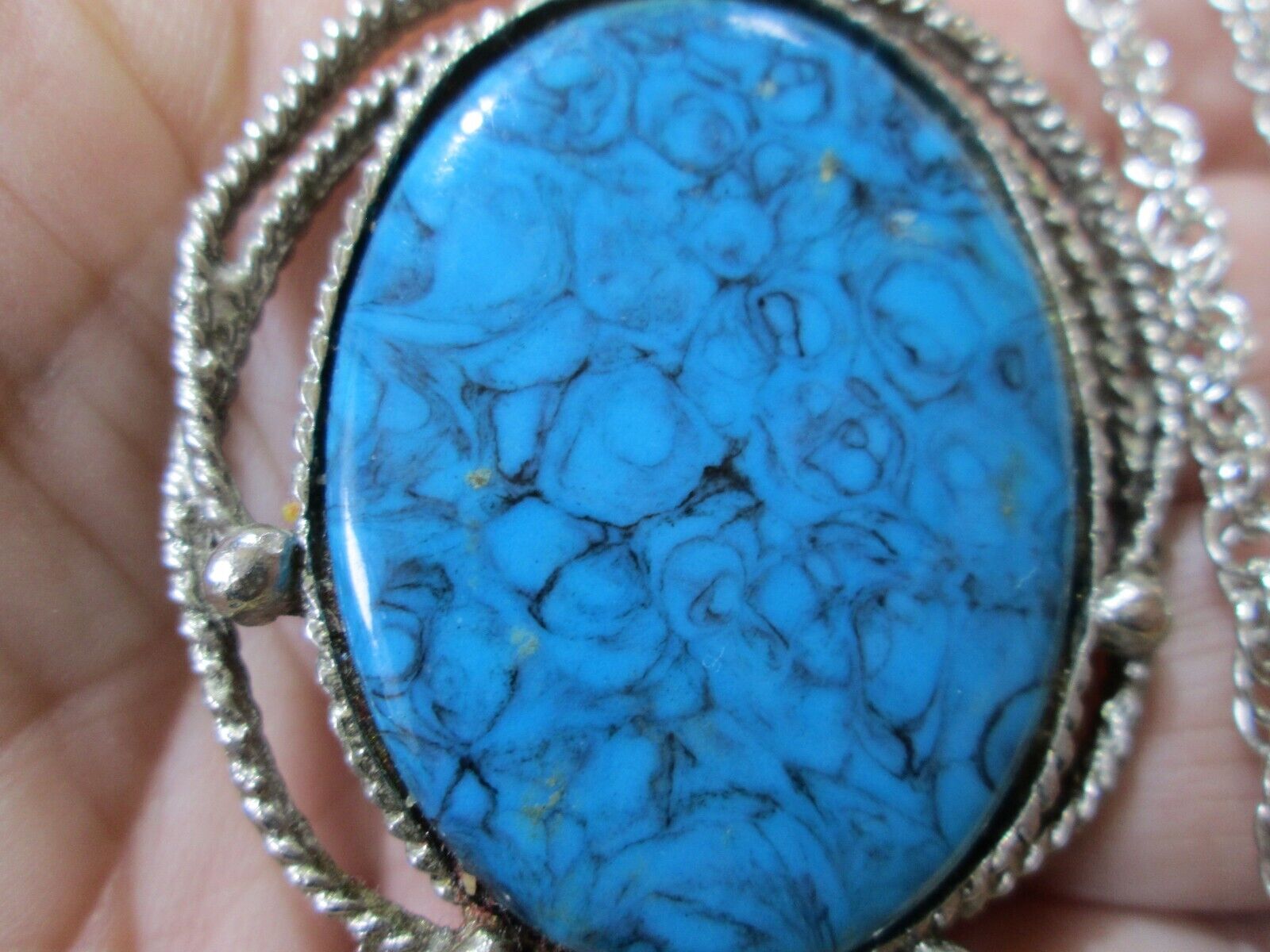 Vintage Large Blue Faux Stone Pendant w/ Silver Plated Rope Chain 28" / 1N Unbranded - фотография #8