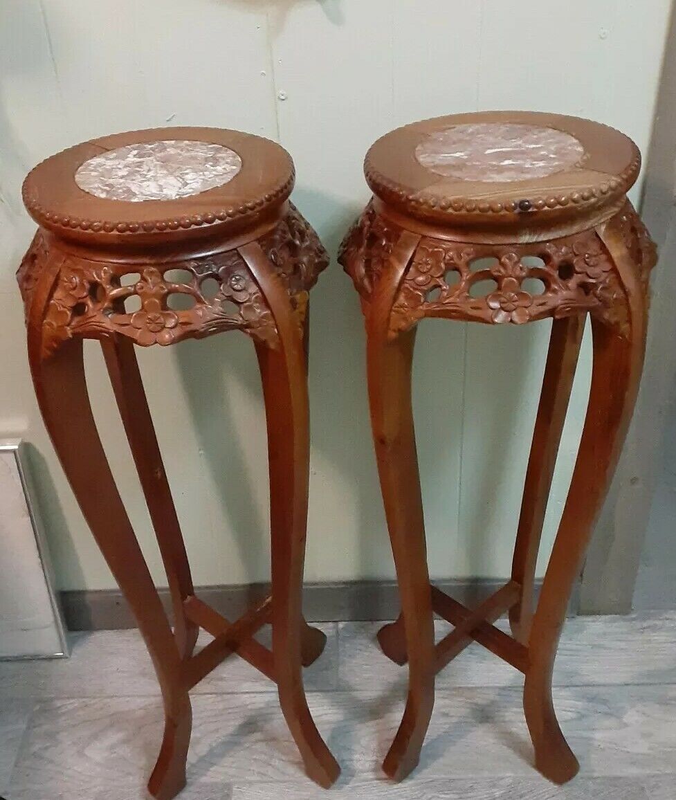 Pair of Carved wood Chinese Stand with Marble Insets burnt mustard wood ornate  Без бренда - фотография #2