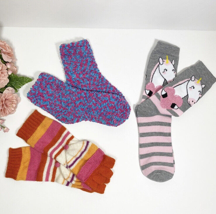 Bundle Girl’s Rabbit Hair Blended Mittens/Gloves & Socks 3 pair set Mix