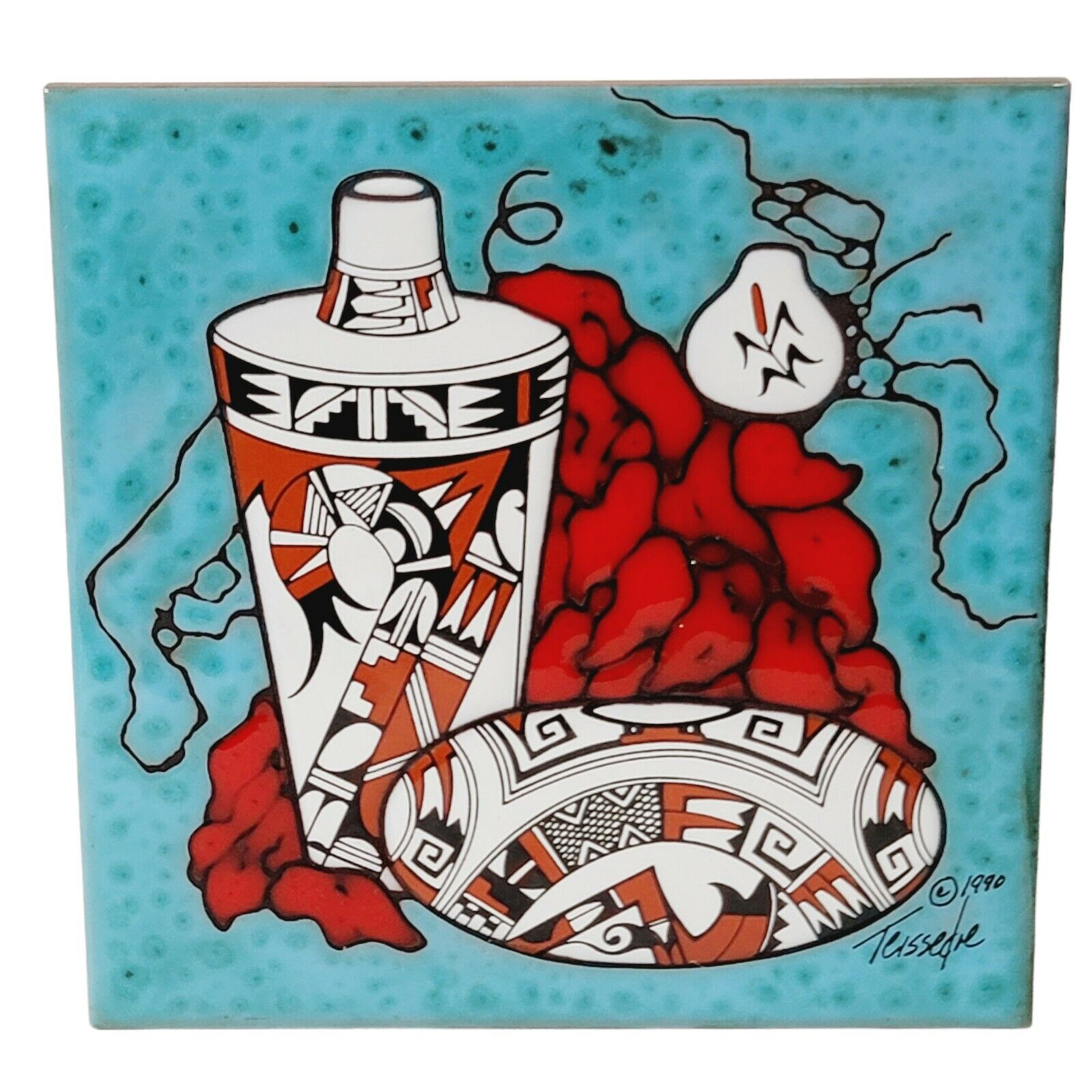 2 Cleo Teissedre Southwest Teal Red Hand Painted Art Tile Trivet Coaster ‘83 ‘90 Cleo Teissedre - фотография #3