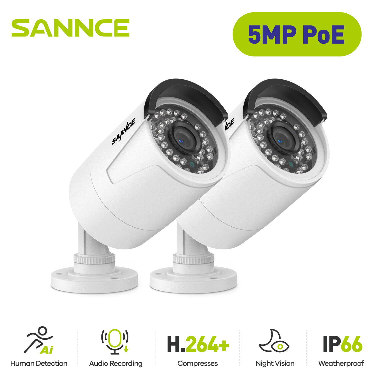 SANNCE 2PCS 5MP POE Security Camera Audio Mic Outdoor Video Night for N98PBD NVR SANNCE 51FQ0203