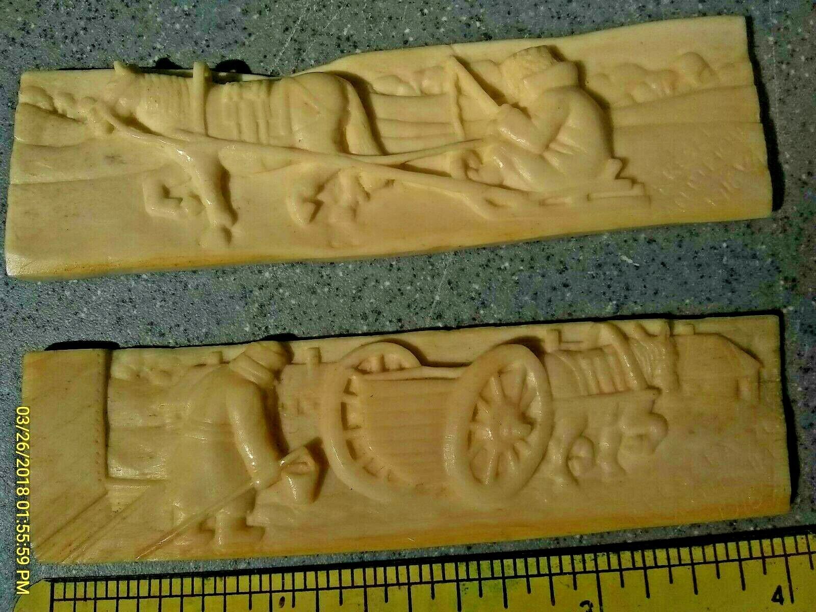 ✯2x1916 Unique BONE CARVINGS Hand Carved European STORY TILES [] K. ANTIPICHA [] Handmade