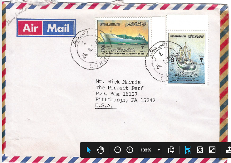 UAE Two covers-Reg Air Mail CDS Corniche 7/86 & 1986 set on cover to Pittsburg Без бренда - фотография #2