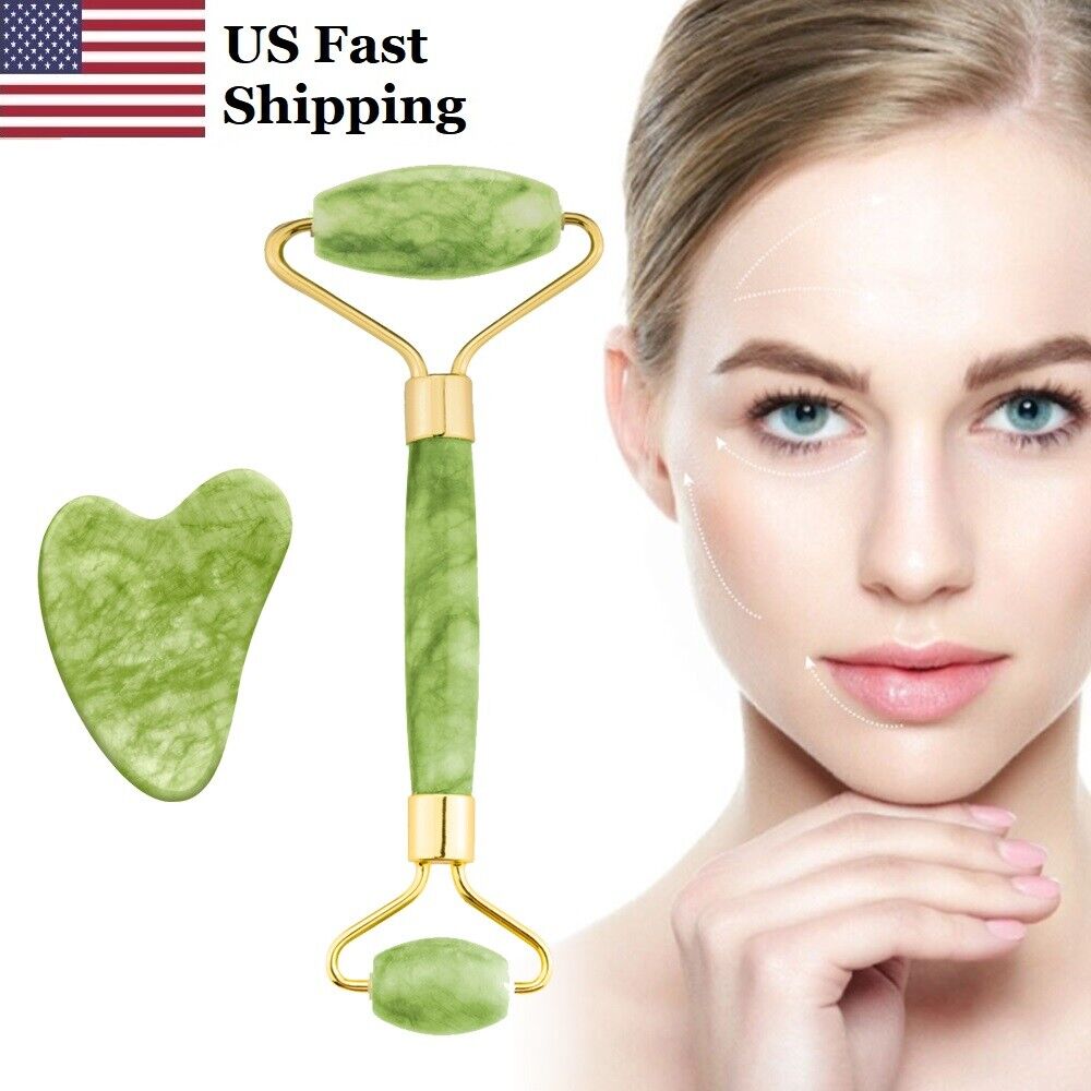 USA Quartz Jade Roller & Gua Sha Set for Face Body Massager Therapy Green Stone Unbranded Does not apply