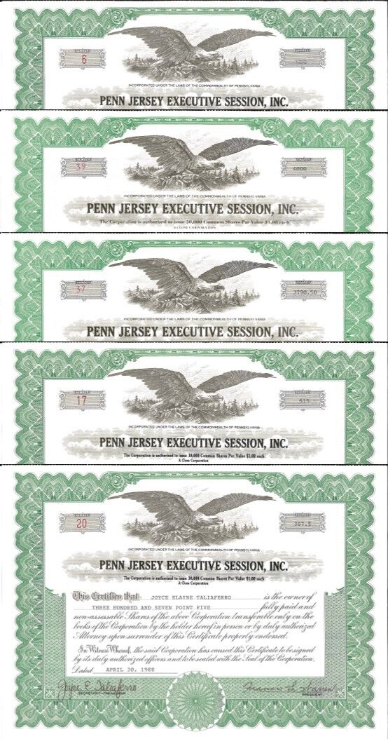 Penn Jersey Executive Session > set of 5 Pennsylvania stock certificates Без бренда