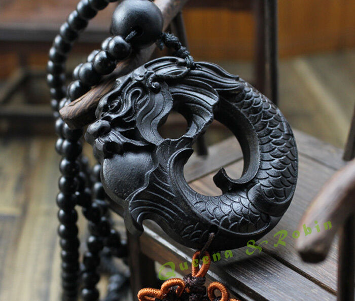 Ebony Wood Carving Chinese Fengshui Dragon Sculpture Prayer Beads Car Pendant Без бренда