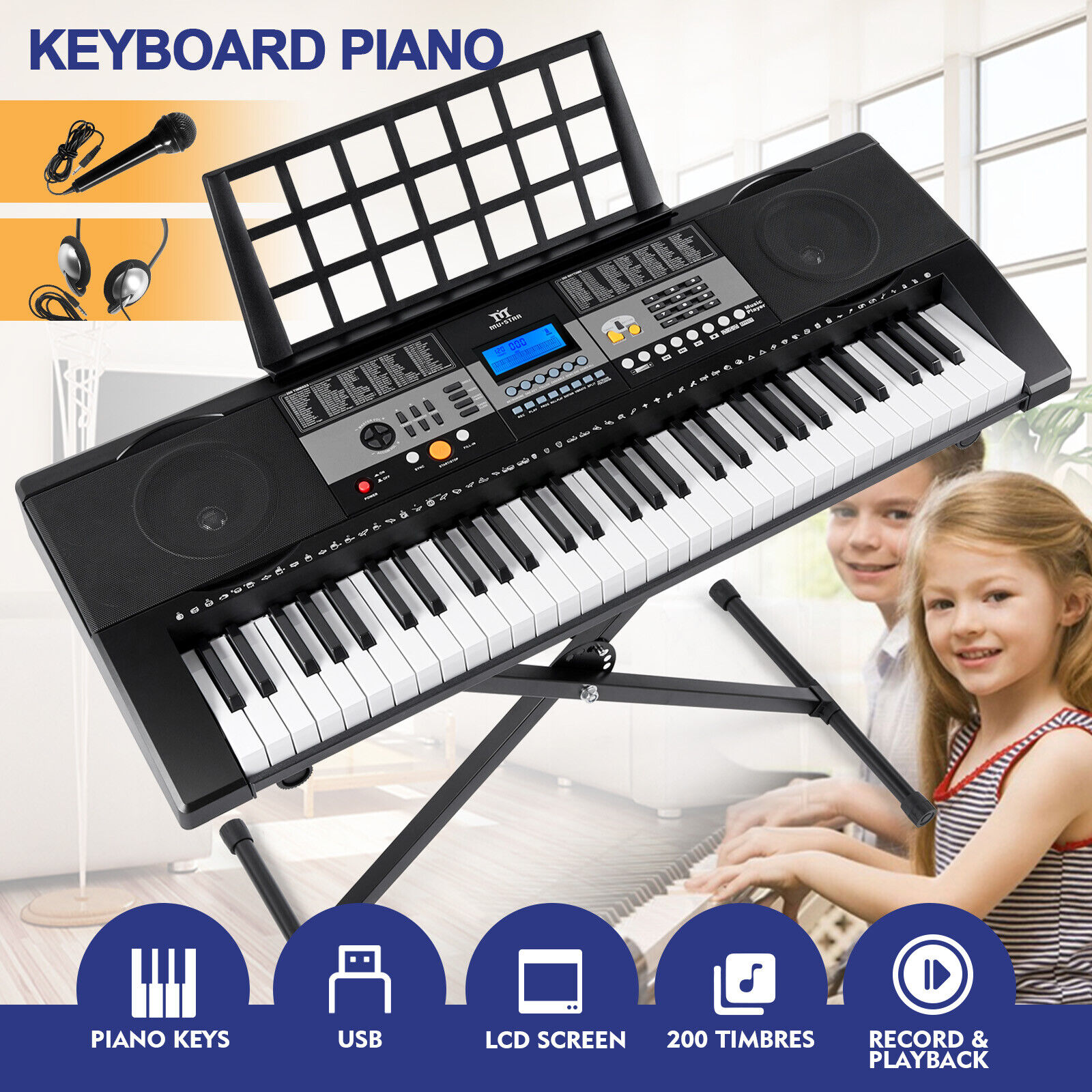 61-Key Digital Piano Electronic Keyboard Portable Headphone Microphone W/Stand Mustar U6010600