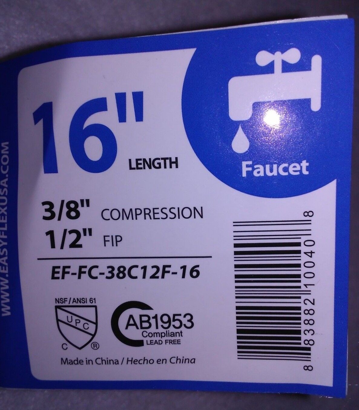 Faucet Sink Supply Line Stainless Braided  3/8" Compression X 1/2" X 16"  6 PACK Easyflex EF-FC-38C12F-16 - фотография #2