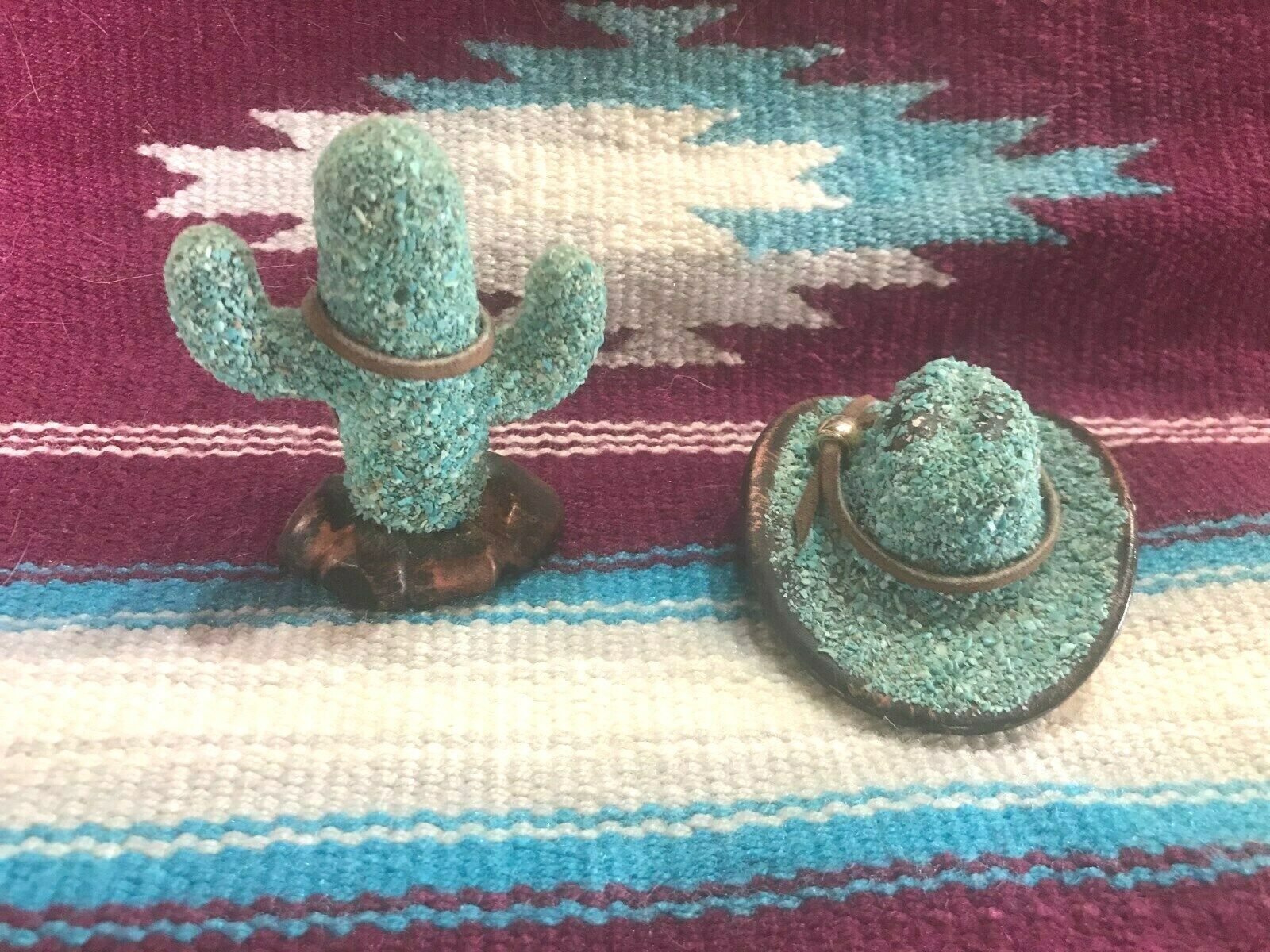 Vtg. Crushed Turquoise Cactus & Western Hat Figurines. Без бренда - фотография #2