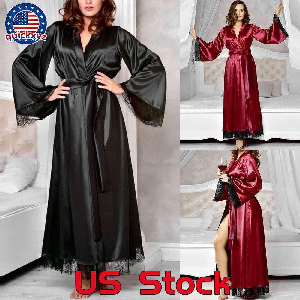Women Satin Silk Lace Lingerie Sleepwear Sexy Kimono Bath Robe Gown Nightdress Unbranded