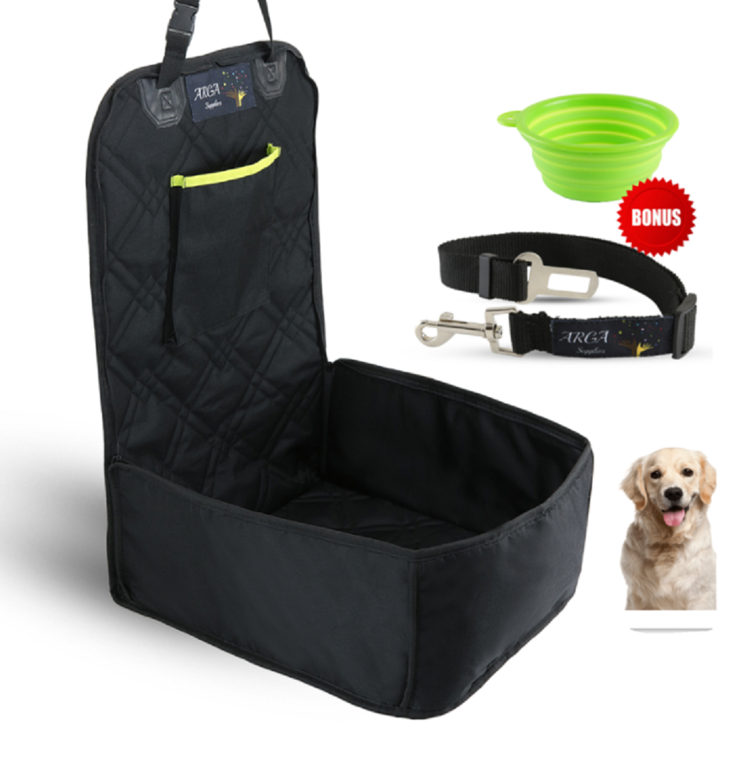 Cover Seat for Dog in Car  3 in 1 turn to Sleep Pad,  + Pet Buckle up Belt, Bowl ARGA Supplies YHY-PCBS-BKG1
