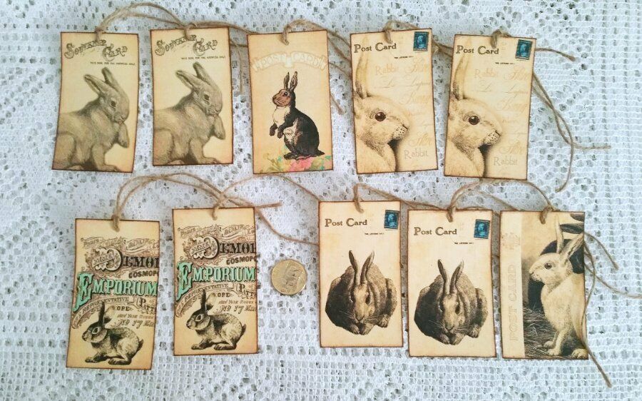 10~Easter~Primitive~Bunny~Rabbits~Hares~Linen Cardstock~Gift~Hang~Tags~Ornies Без бренда
