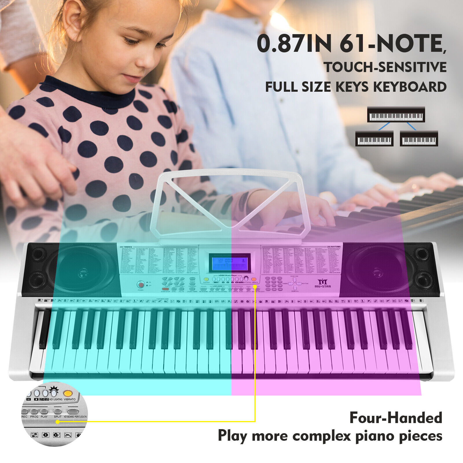 61Key Electronic Keyboard Piano Portable Digital Organ Lighted Key USB Headphone Mustar S6010400 - фотография #5