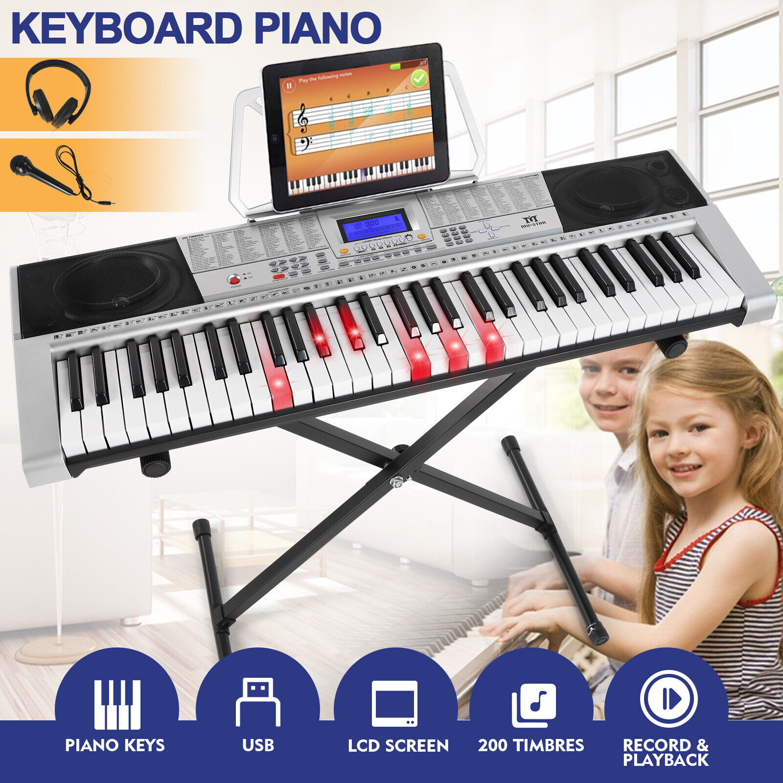 Full Size 61 Lighted Keys Electronic Keyboard Digital Piano Organ Headphone Gift Mustar F6010400