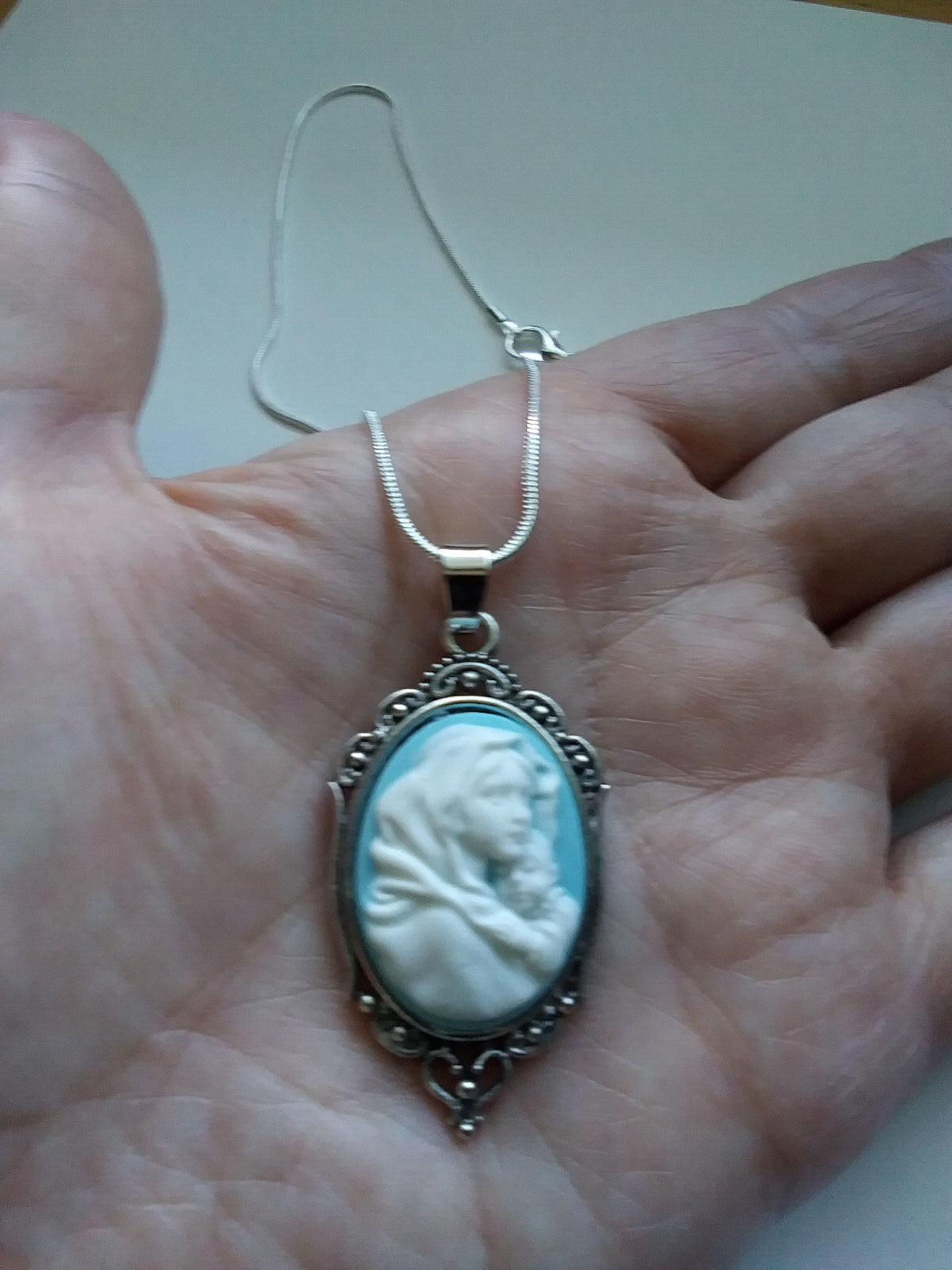 Mary Madonna & Child Pendant Wedgewood Blue Cameo necklace 925 sterling silver Handmade
