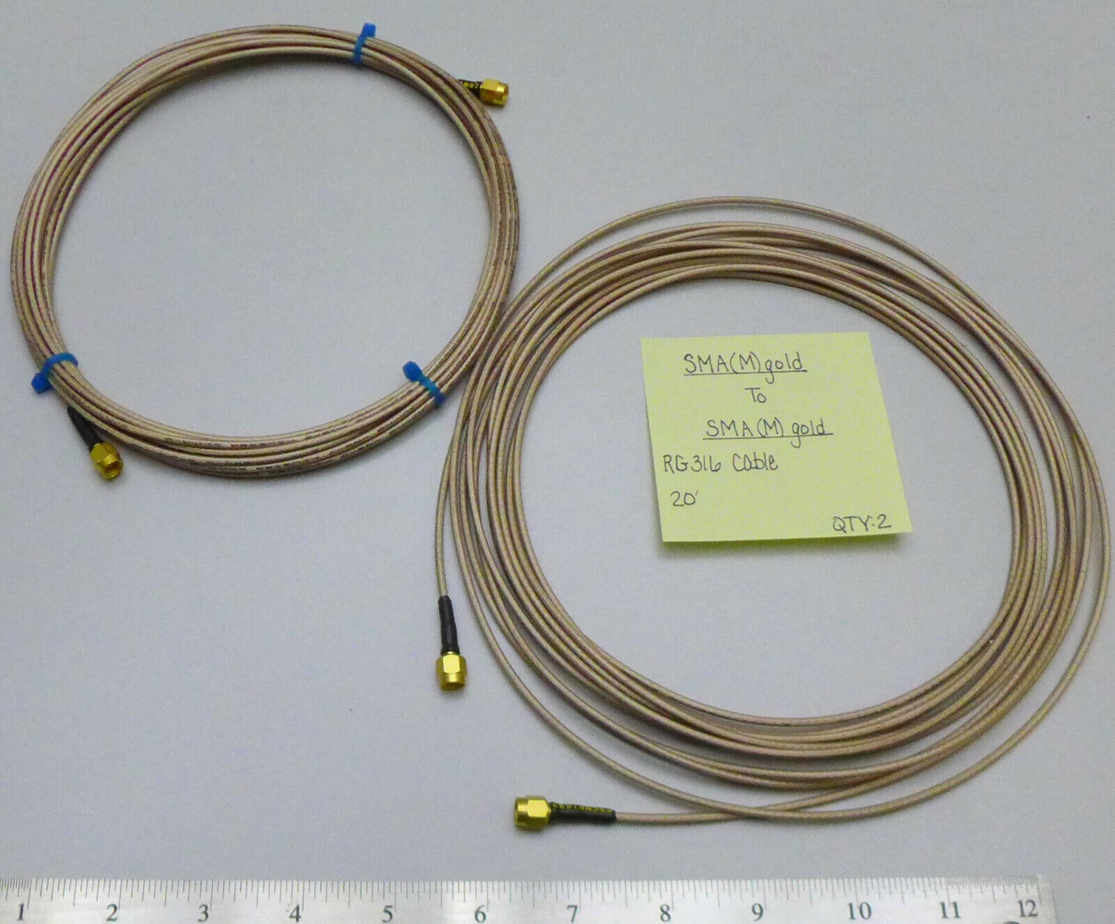 (2) SMA(Male) Gold to SMA(Male) Gold RG316 Cables  20' (20 Feet) {fo} Unbranded Does Not Apply