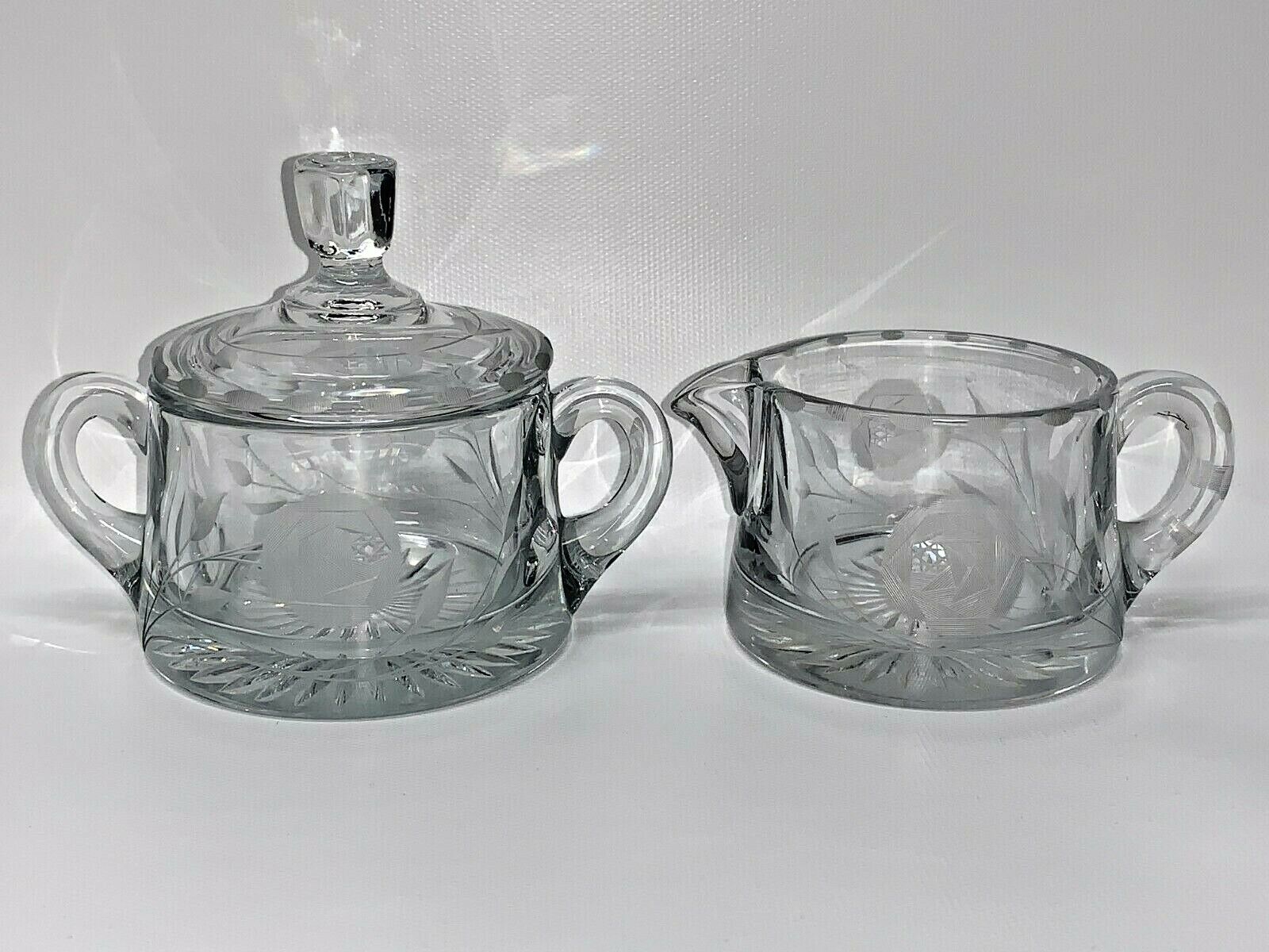 Heisey antique glassware Creamer & Double handled Sugar Bowl w/lid set floral  HEISEY - фотография #5