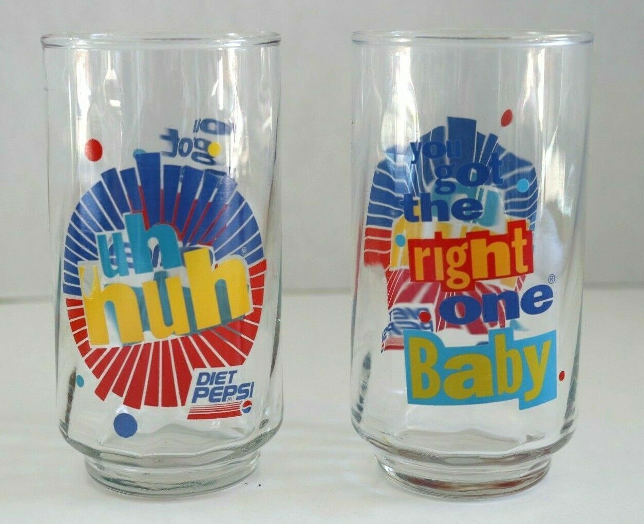 Set 2 Vintage UH HUH You Got the Right One Baby Diet Pepsi Glasses Ray Charles Pepsi