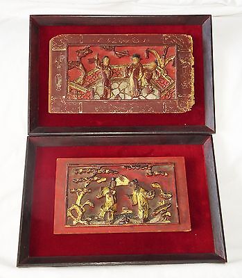 2x 19CT Chinese Framed Carved Red Panels of Scenes w. Figures in Gilt (Gem) Без бренда - фотография #3