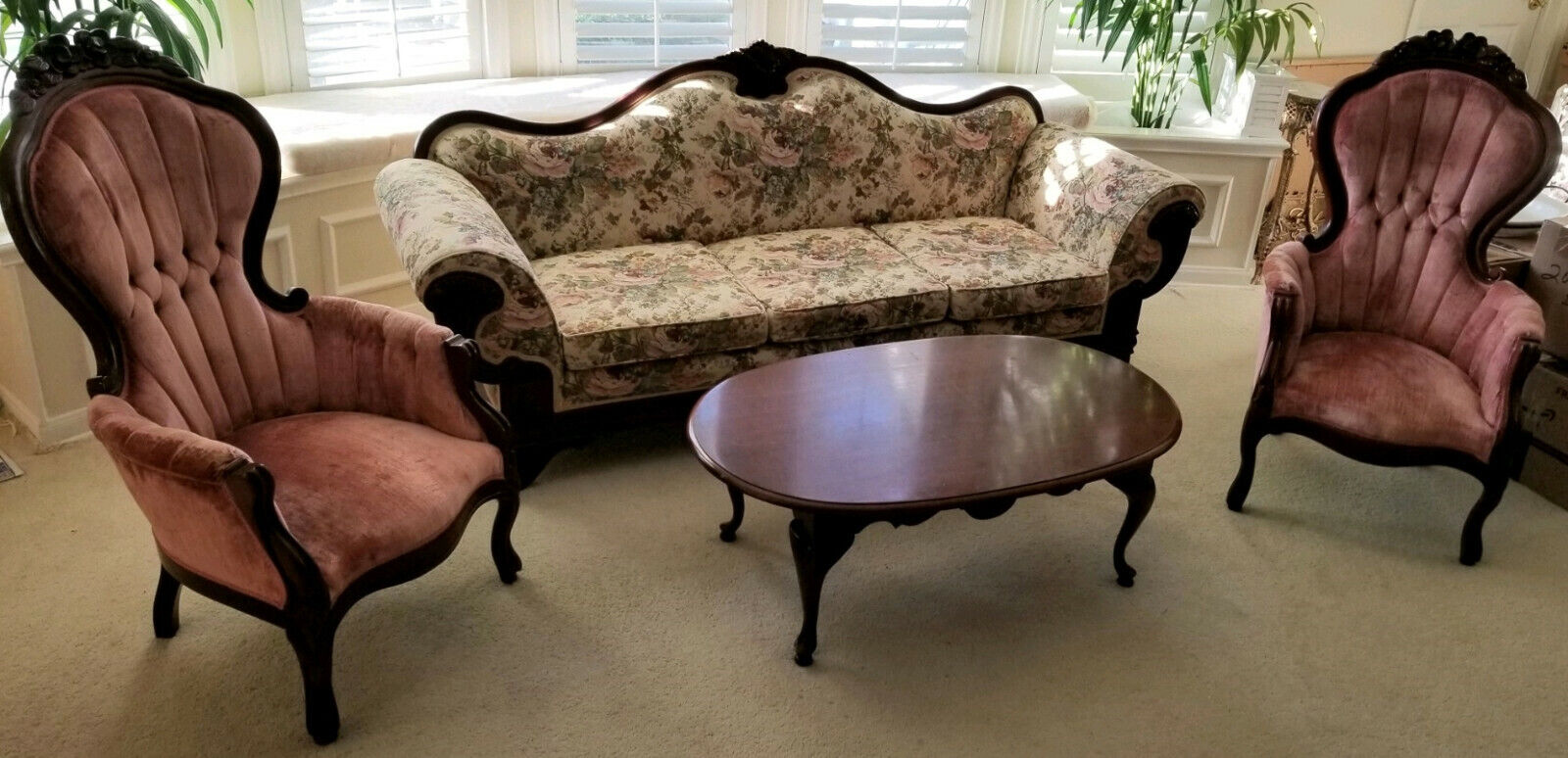 Vintage Victorian Empire Style Sofa Couch-2 Gentlemans Chairs-Oval Coffee Table Empire - фотография #2