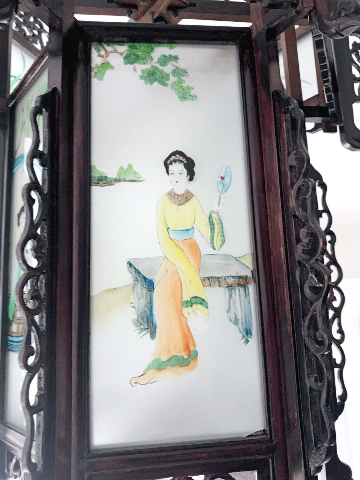 Rare Antique Chinese Zitan Hardwood Reverse Painted Glass Paneled Carved Lantern Без бренда - фотография #11