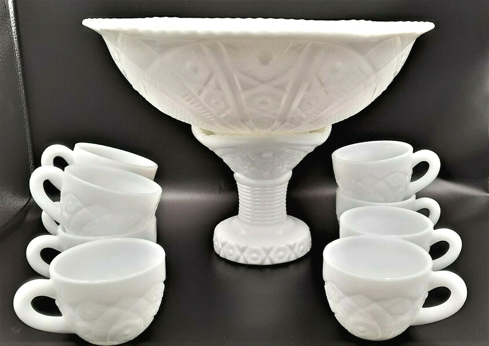 MC KEE CONCORD PATTERN WHITE MILK DEPRESSION GLASS PUNCH BOWL 1940s W/ 9 CUPS McKee