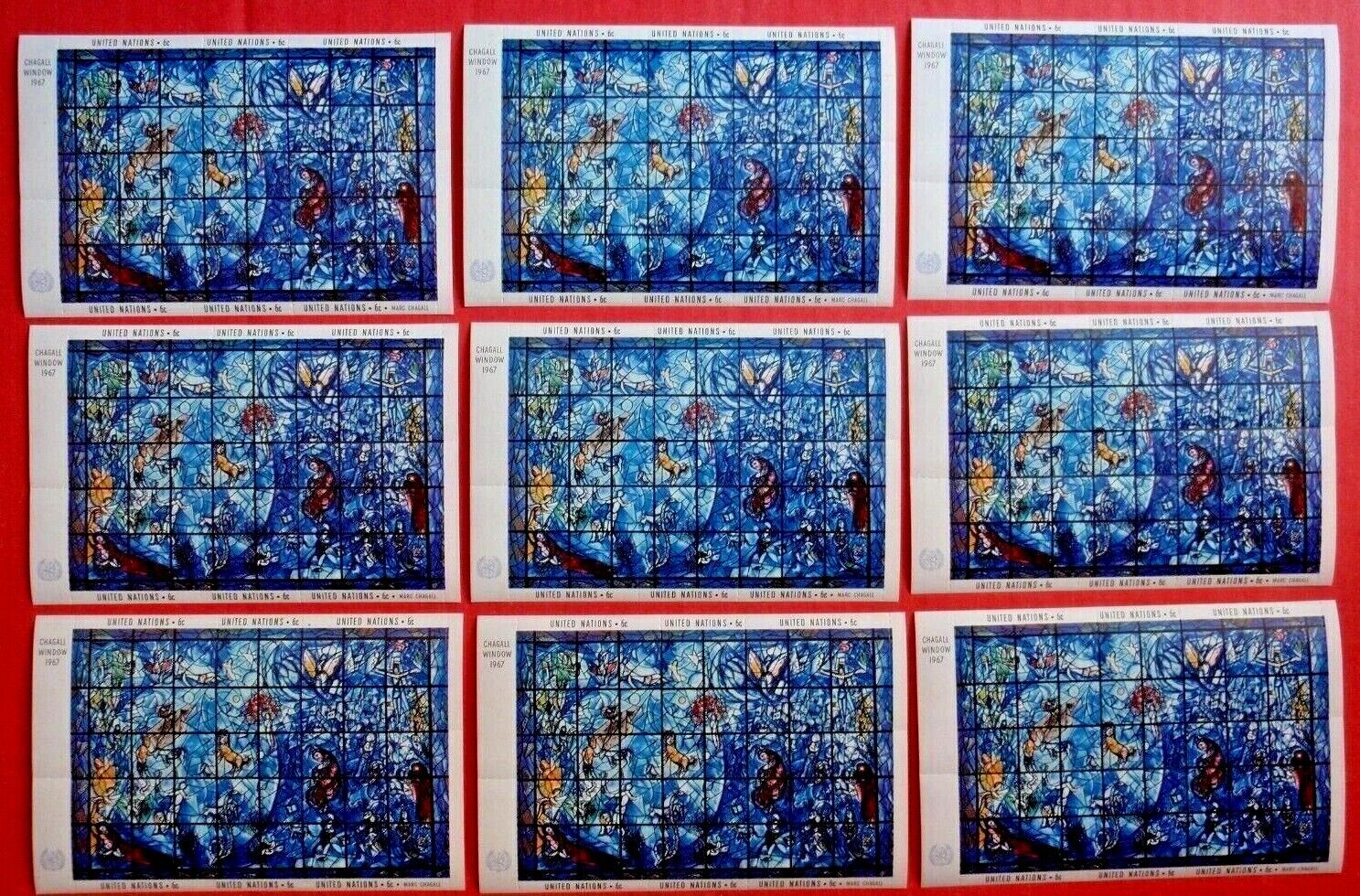 United Nations Chagall Window~NINE mini stamp sheets w/ SIX 6-cent stamps each Без бренда