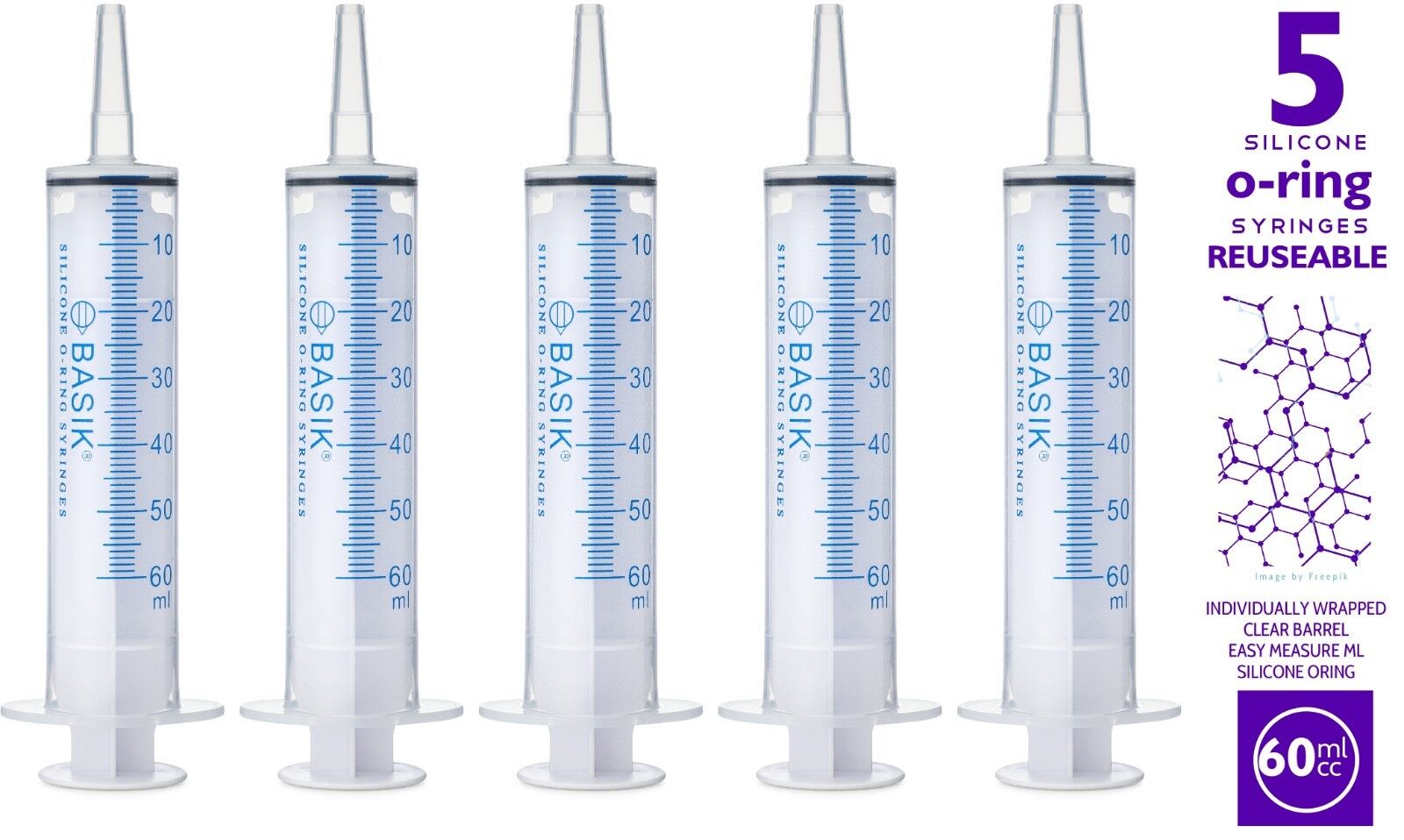 60cc | 60ml  Enteral Feeding Reusable Syringe Silicone O-ring Catheter Tip 5/pak Medcare Products