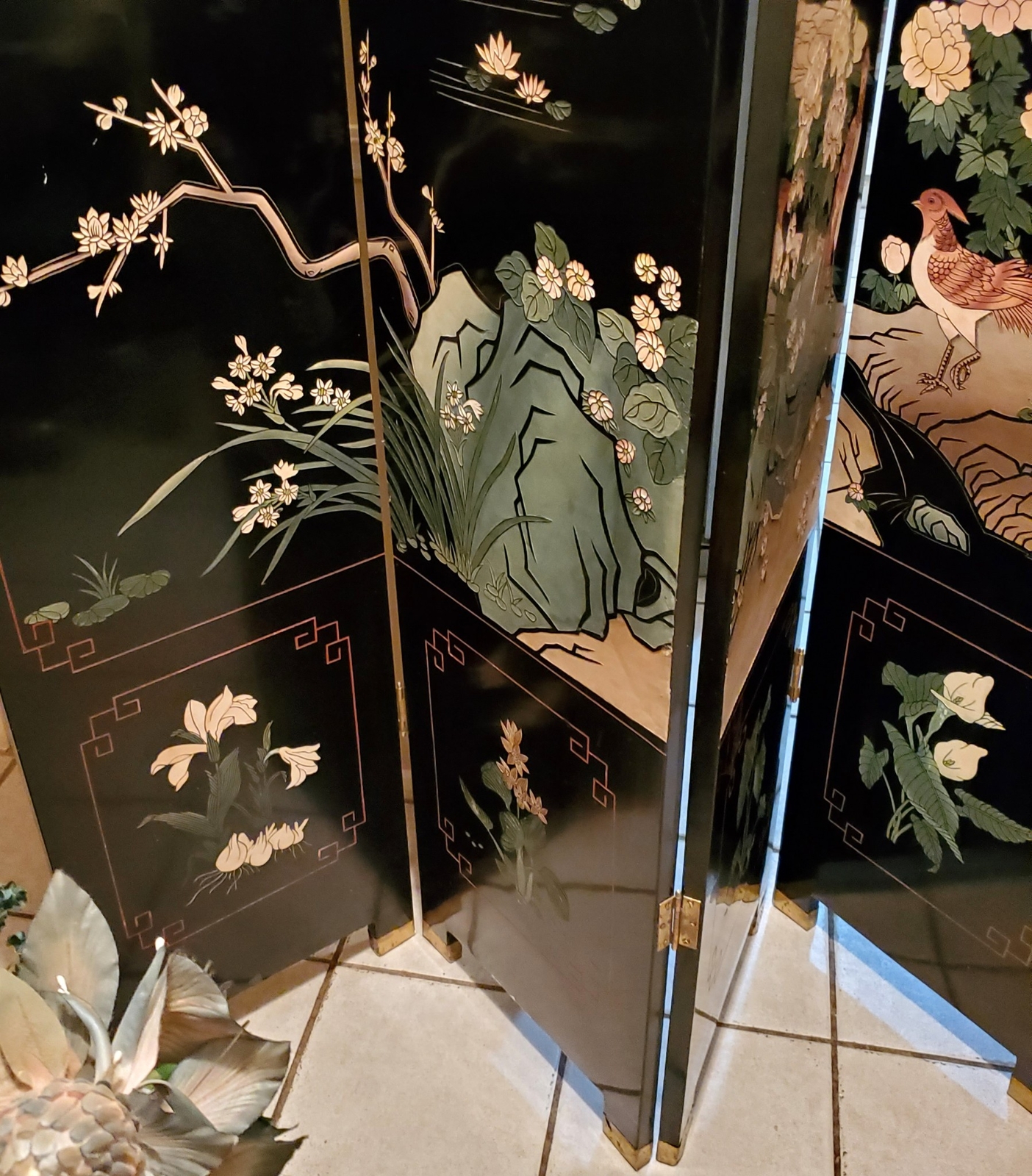 Vintage Wood Folding Room Divider Screen 4 Panel Black Lacquered Chinese Asian Unbranded - фотография #4