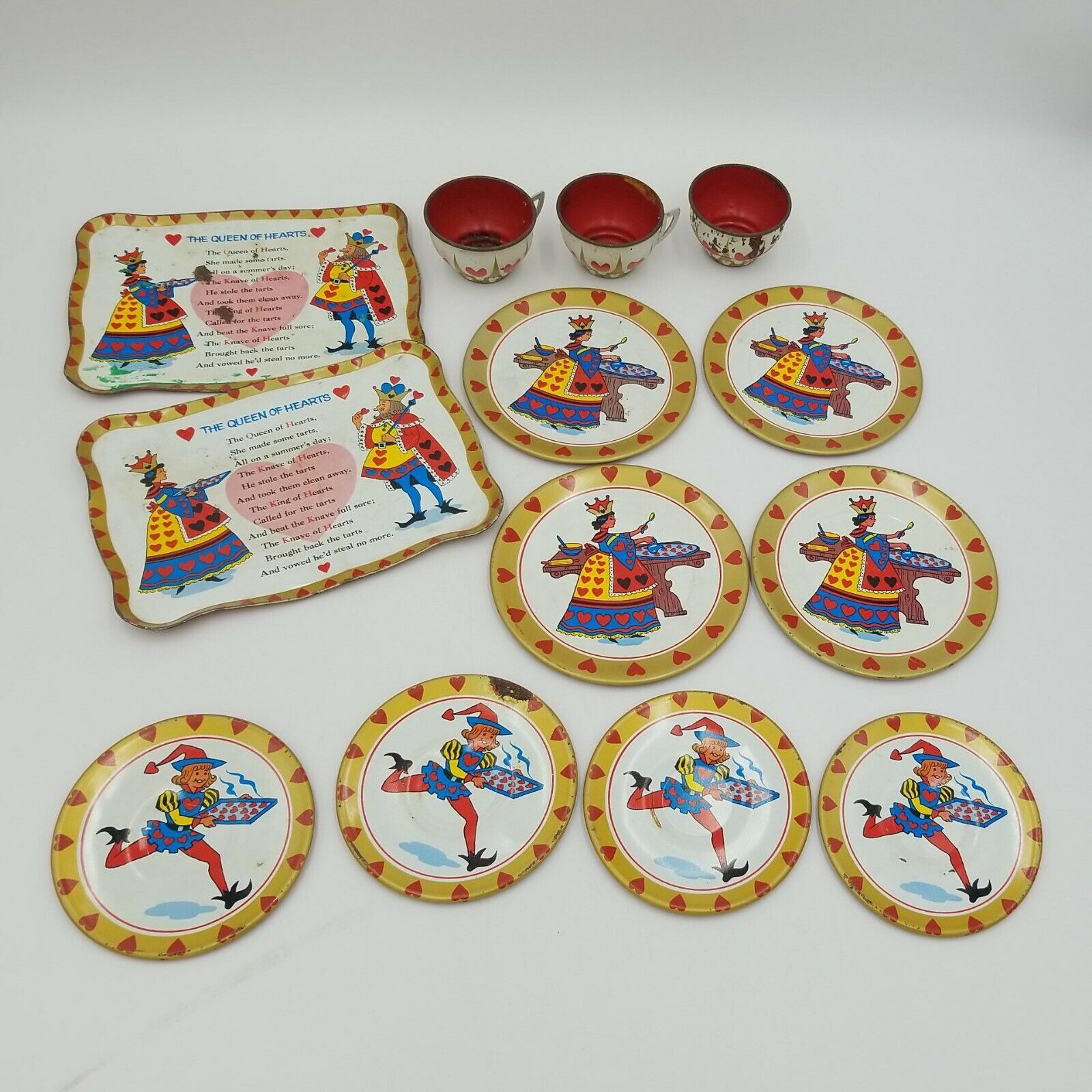 Vintage 1960's 13 Piece Litho Tin Tea Set Queen of Hearts Toy Metal Cups Plates  Unbranded