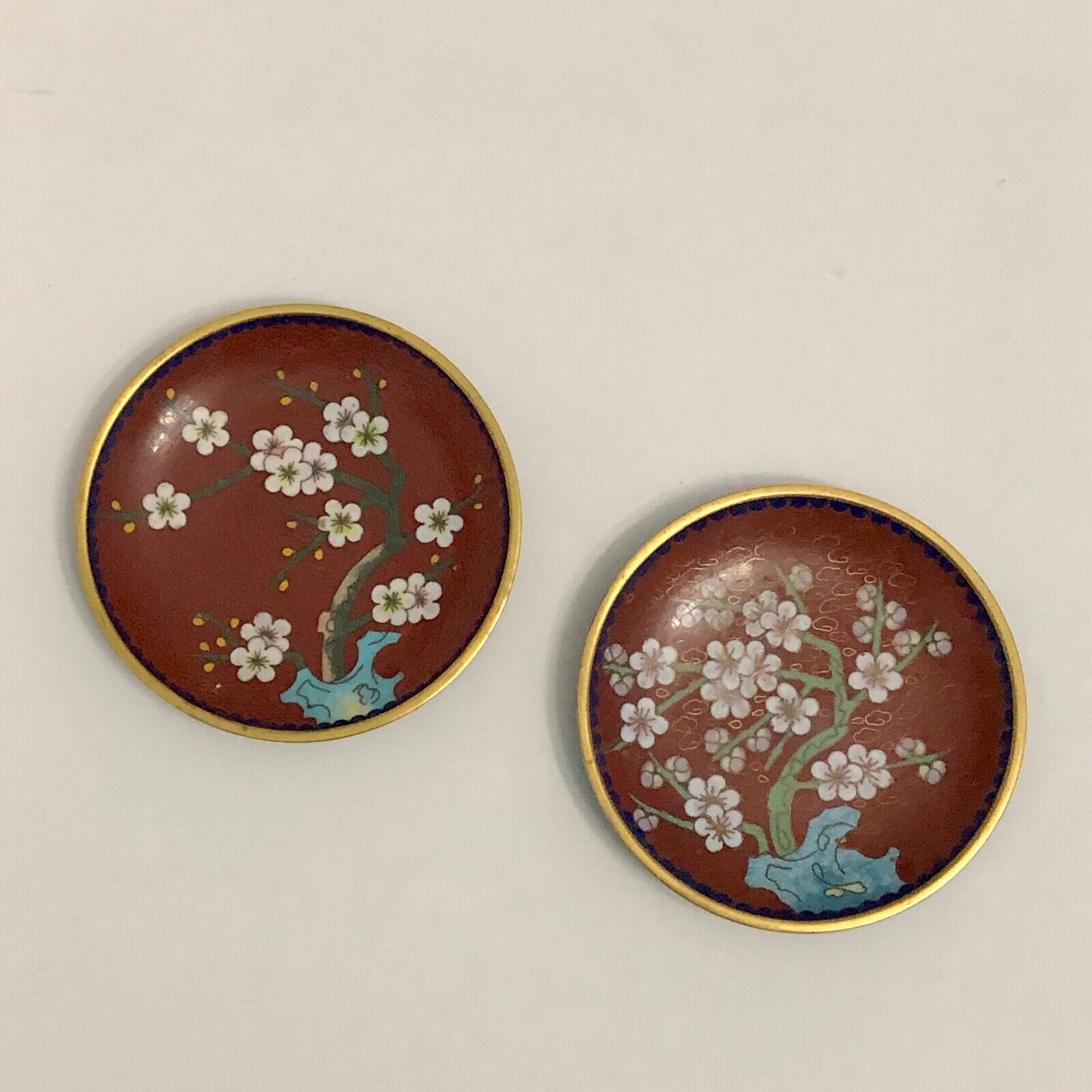Vtg Chinese Cloisonne Enamel Trinket Pin Dish Cherry Blossom, Brown Red Set of 2 Без бренда