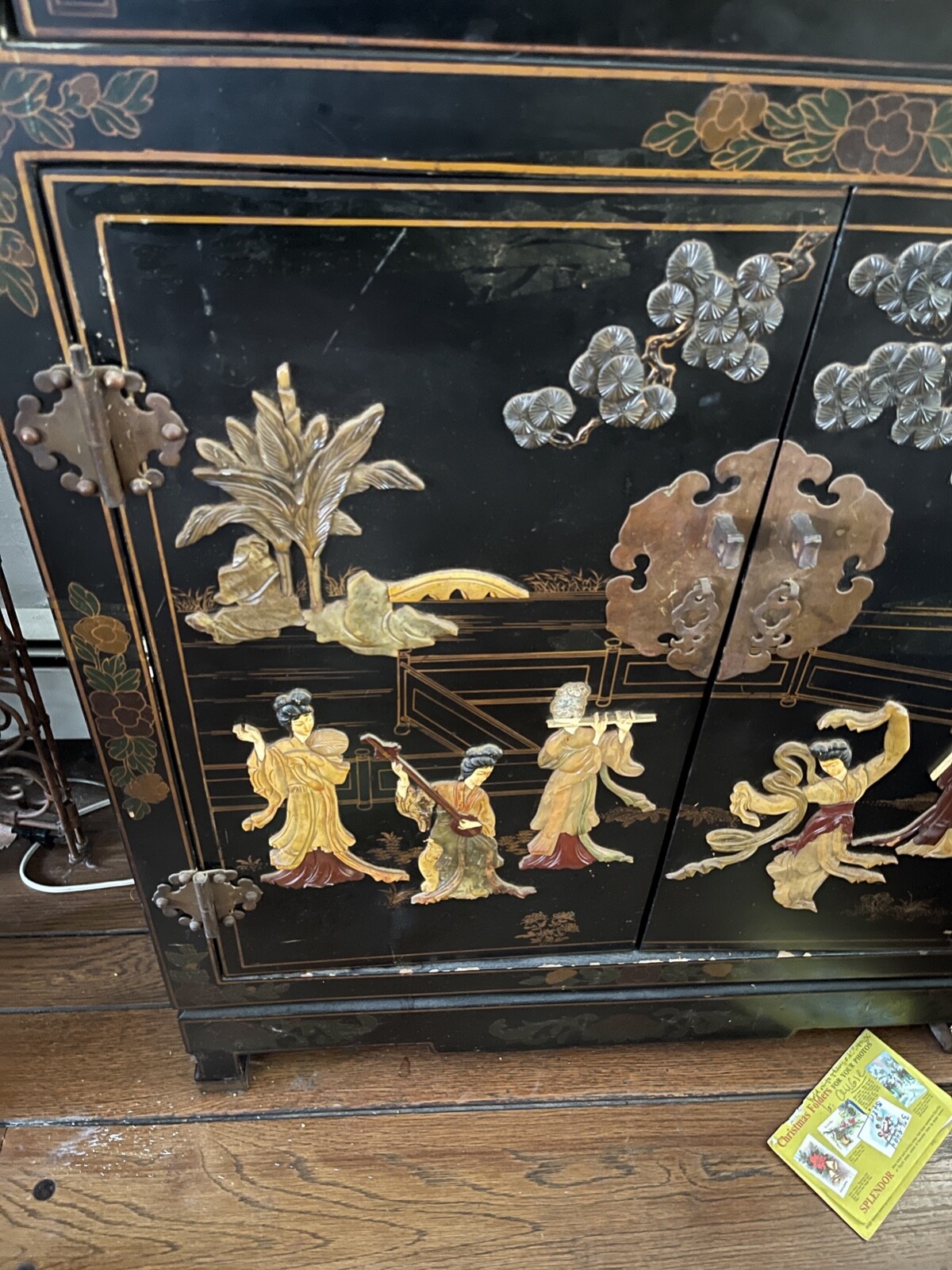 30" Antique 3D Oriental Chinese Furniture Black Lacquer Corner Cabinet Landscape Без бренда - фотография #3