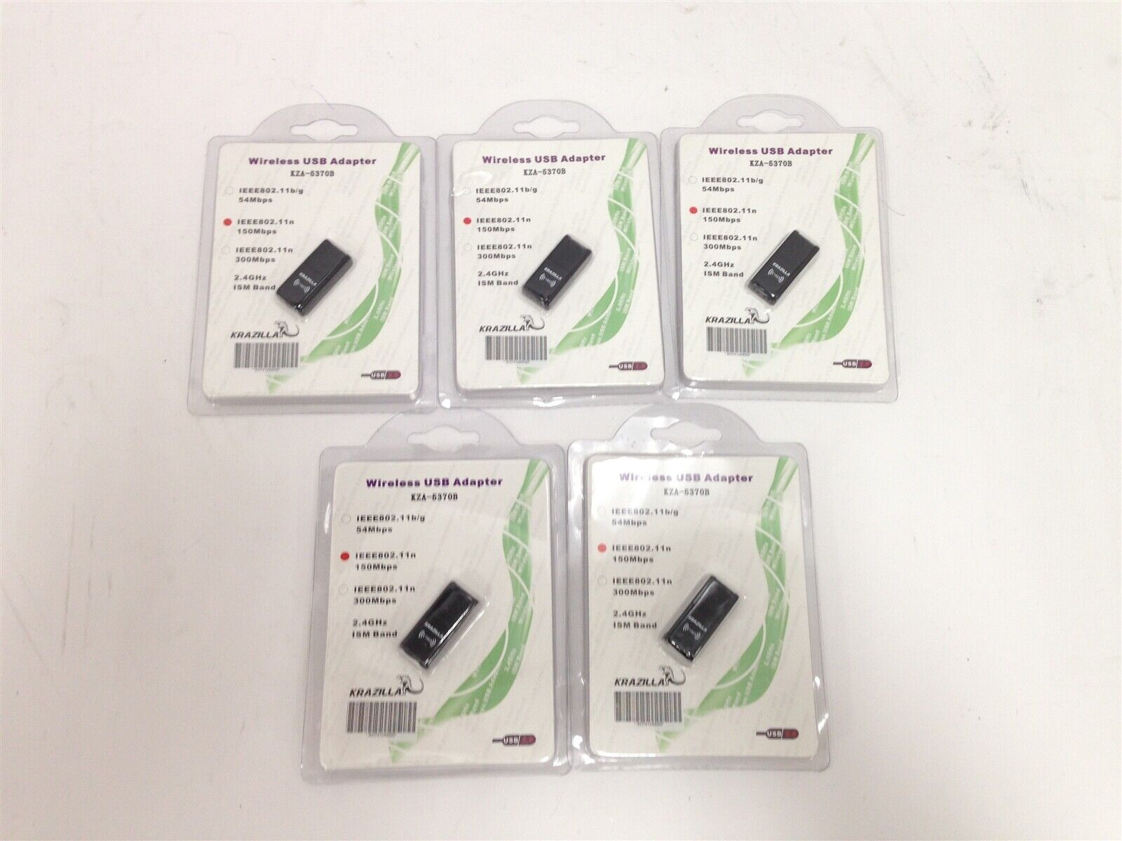 LOT OF 5 NEW Krazilla Wireless USB Adapter KZA-5370B 2.4GHz 150Mbps Krazilla KZA-5370B
