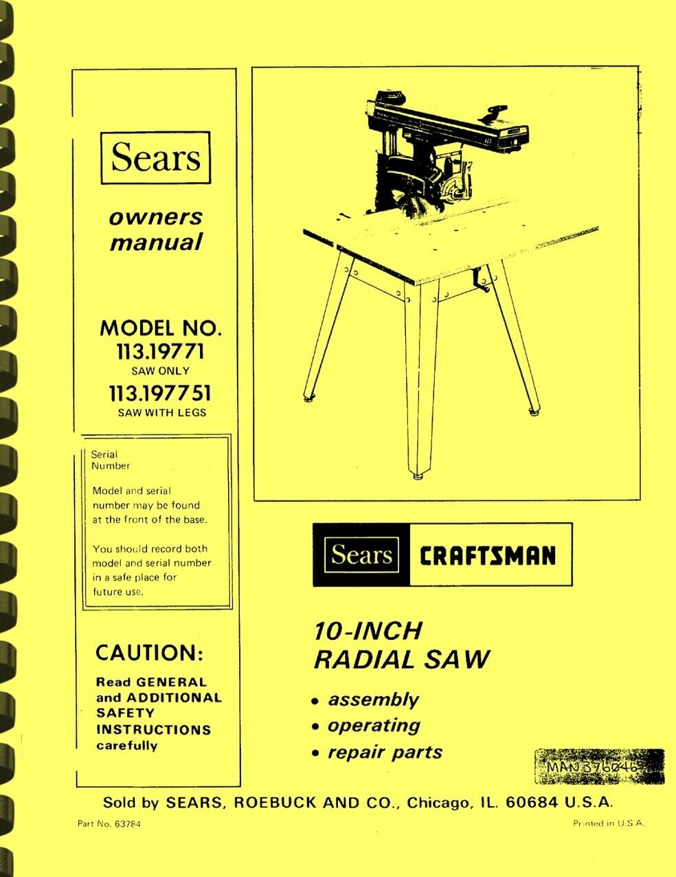 Sears Craftsman 113.197751 Radial Saw Owner's Manual Manual