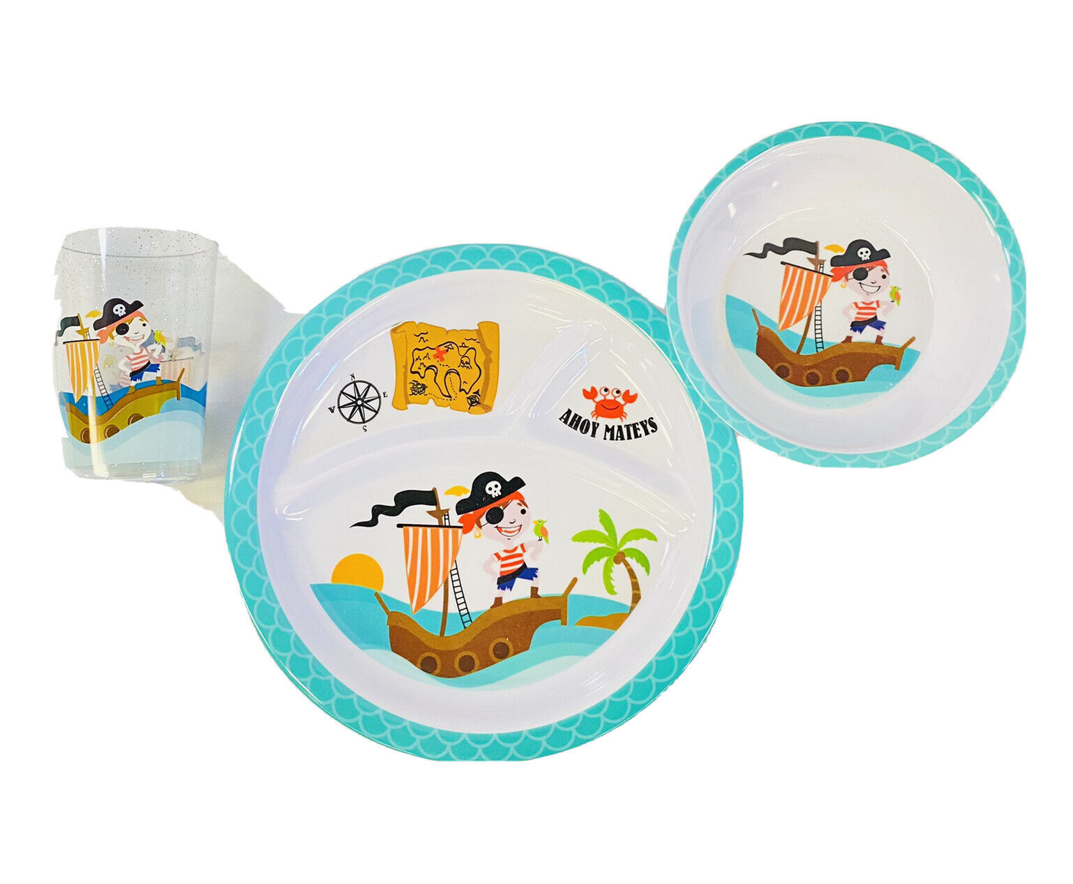 Child's Boy's Dinnerware Divided Plate Bowl & Cup Set Melamine BPA Free Pirates Regent Products n/a