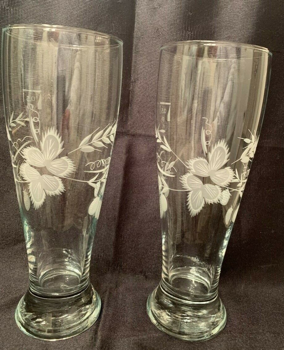 Vintage set of 2 Germany 9" Tall Itched Floral Beer Glass 0.5 L RARE! Germany - фотография #2