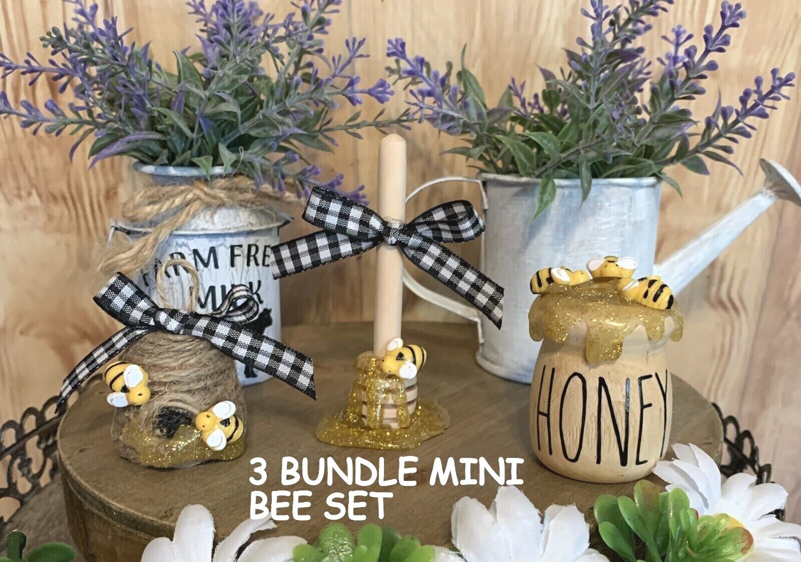 3 SET MINI BEE BUNDLE  HIVE, DIPPER & HONEY POT TIERED TRAY BEES FARMHOUSE DECOR Handmade Handcrafted