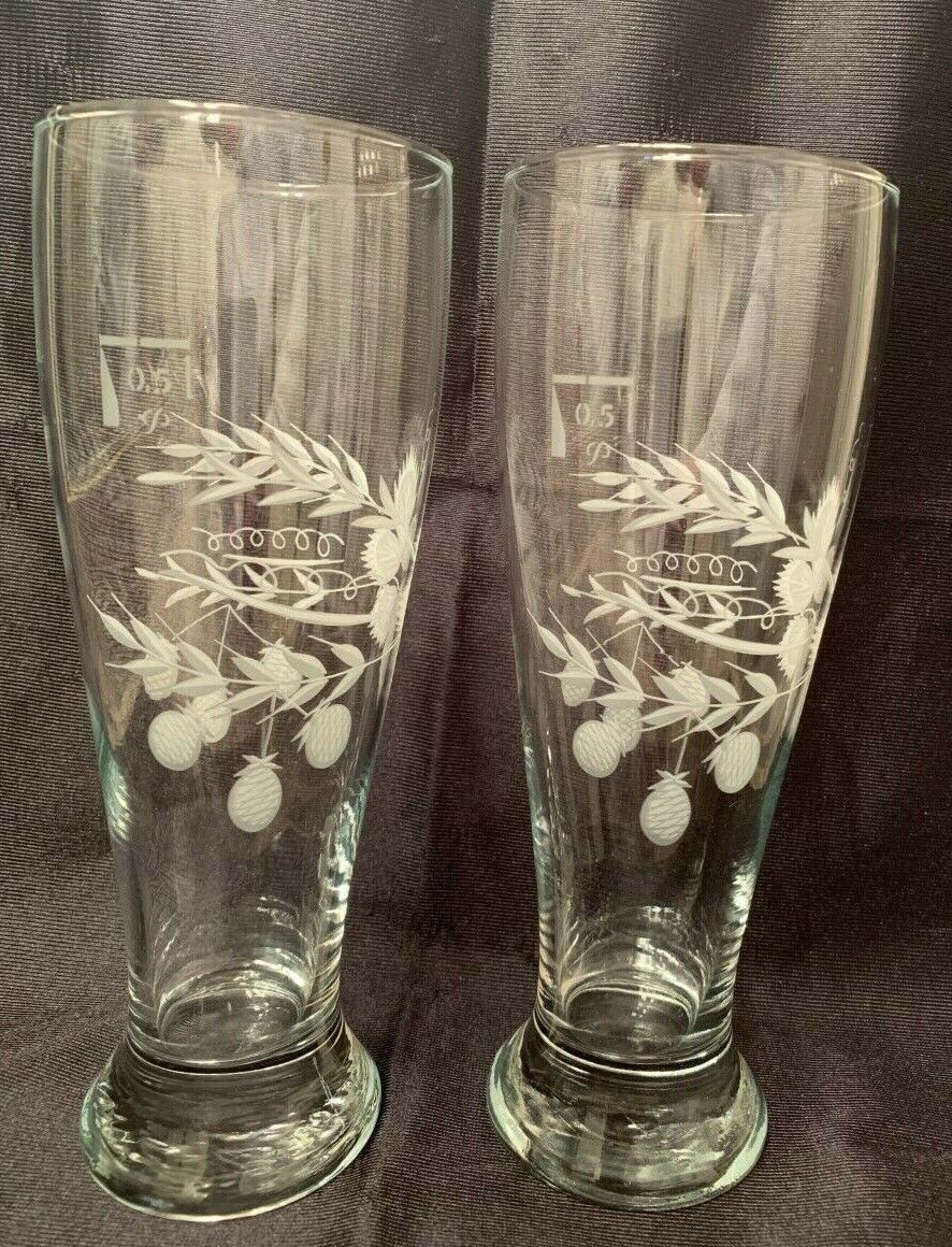 Vintage set of 2 Germany 9" Tall Itched Floral Beer Glass 0.5 L RARE! Germany