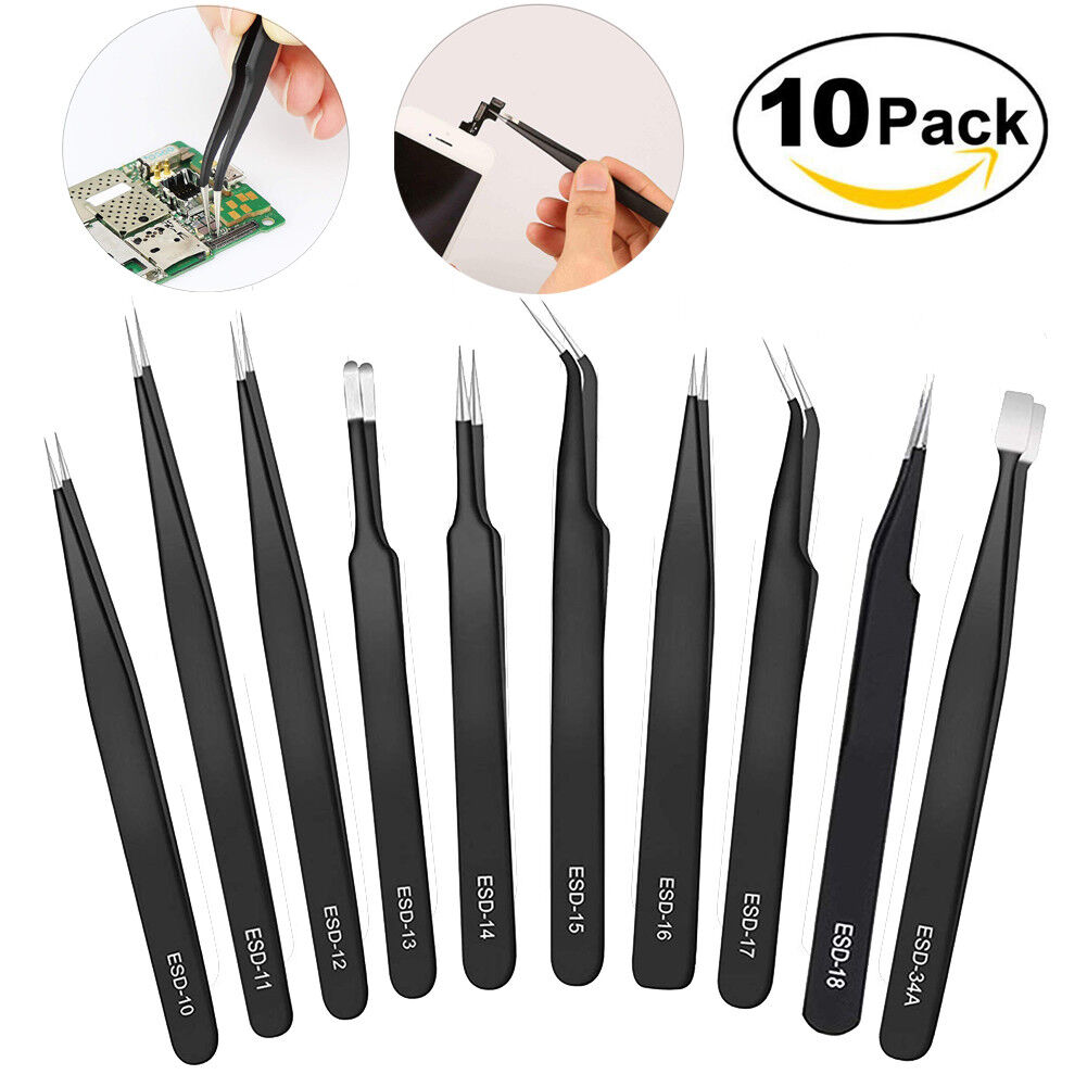 10 x ESD Precision Anti static Tweezers Set Stainless Steel Tool for Electronics Unbranded