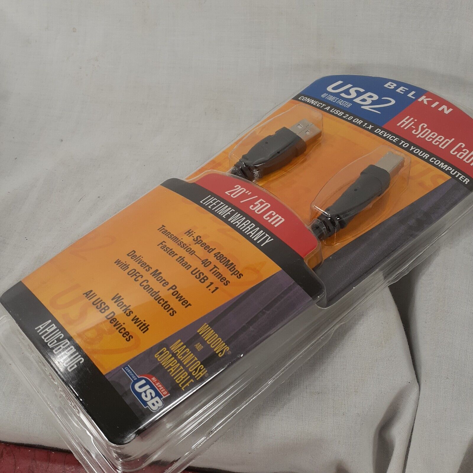 Belkin USB2 Hi-Speed Cable 20"/50cm A Plug/B Plug New Sealed Pack Belkin F3U133-20INCH